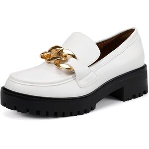 Platform Loafers for Women Dressy with Metal Chain Slip On Low Chunky Block